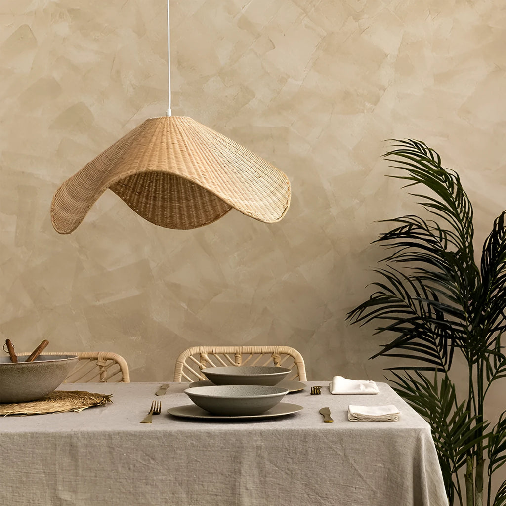 Handmade natural bamboo rattan chandelier with woven willow shade and warm LED light.