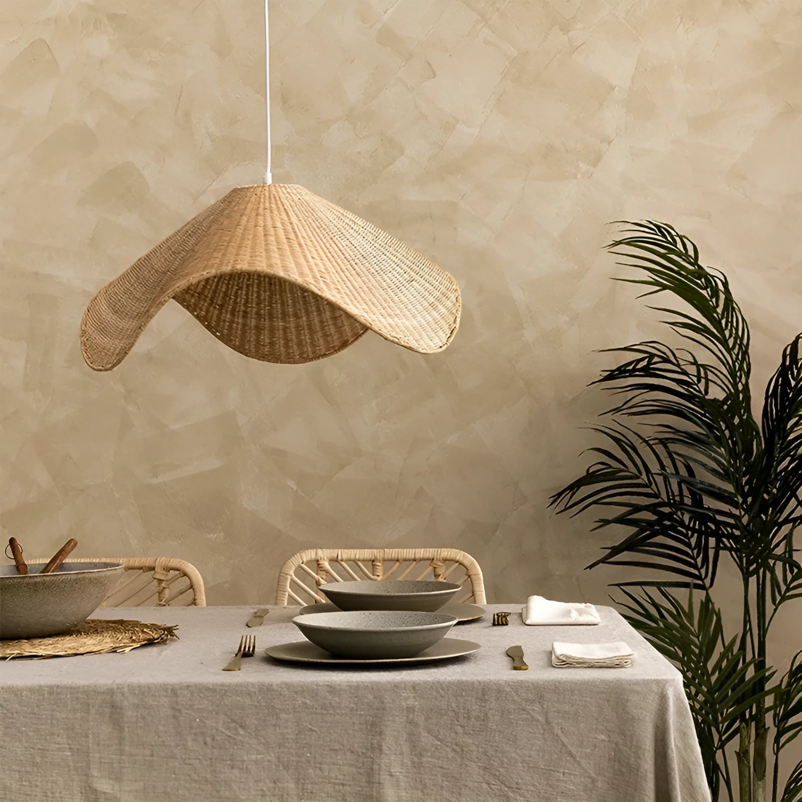Handmade natural bamboo rattan chandelier with woven willow shade and warm LED light.