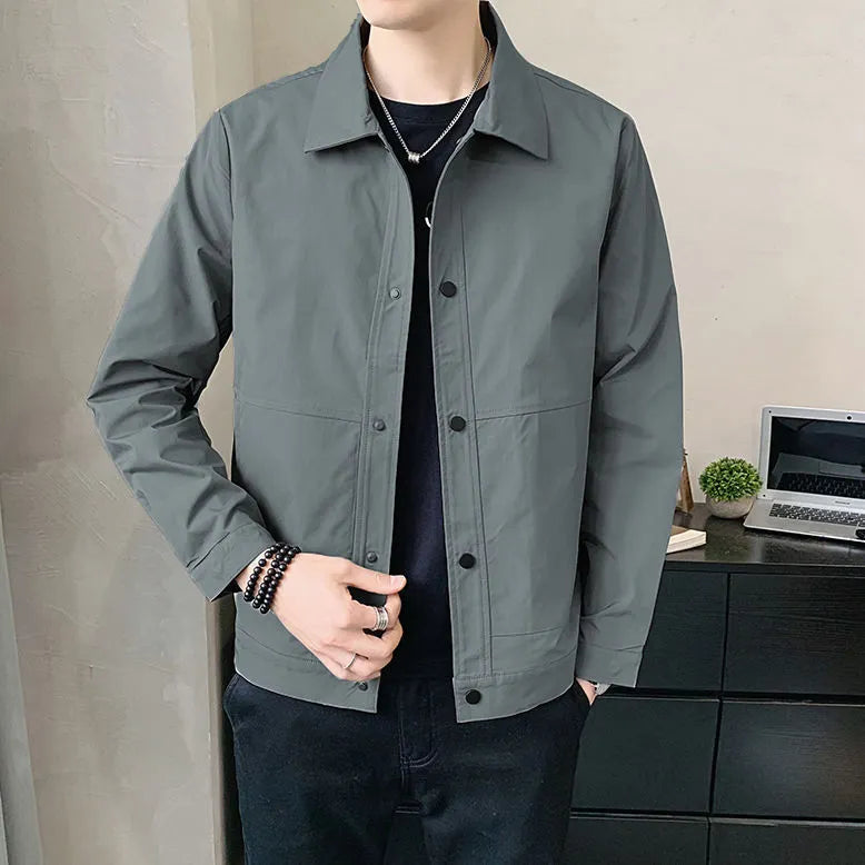 Men's Korean style thin single-layer jacket in polyester, shown in light gray.