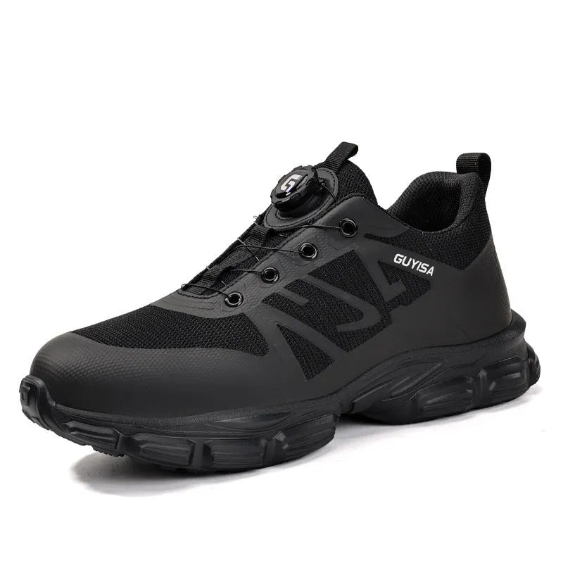 Lightweight safety work shoes with flyknit upper, steel toe cap, and anti-puncture sole
