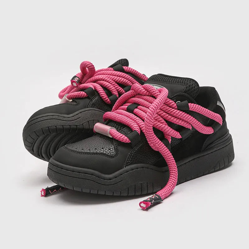 Unisex thick-soled casual lace-up shoes in denim blue with round toe and mesh lining.
