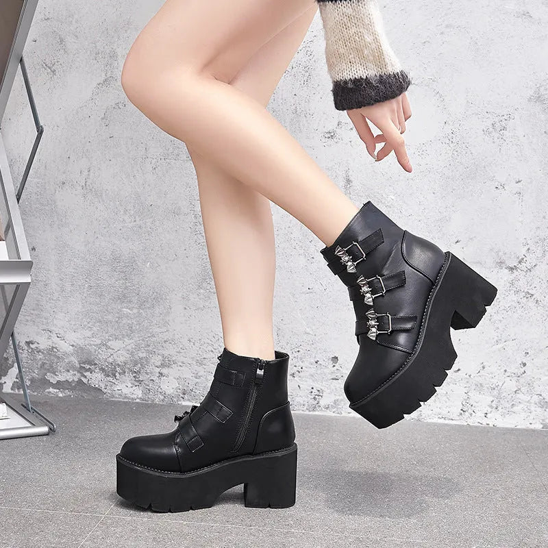 Black Gothic short boots with bat buckle, thick heel, and side zipper for Harajuku punk style