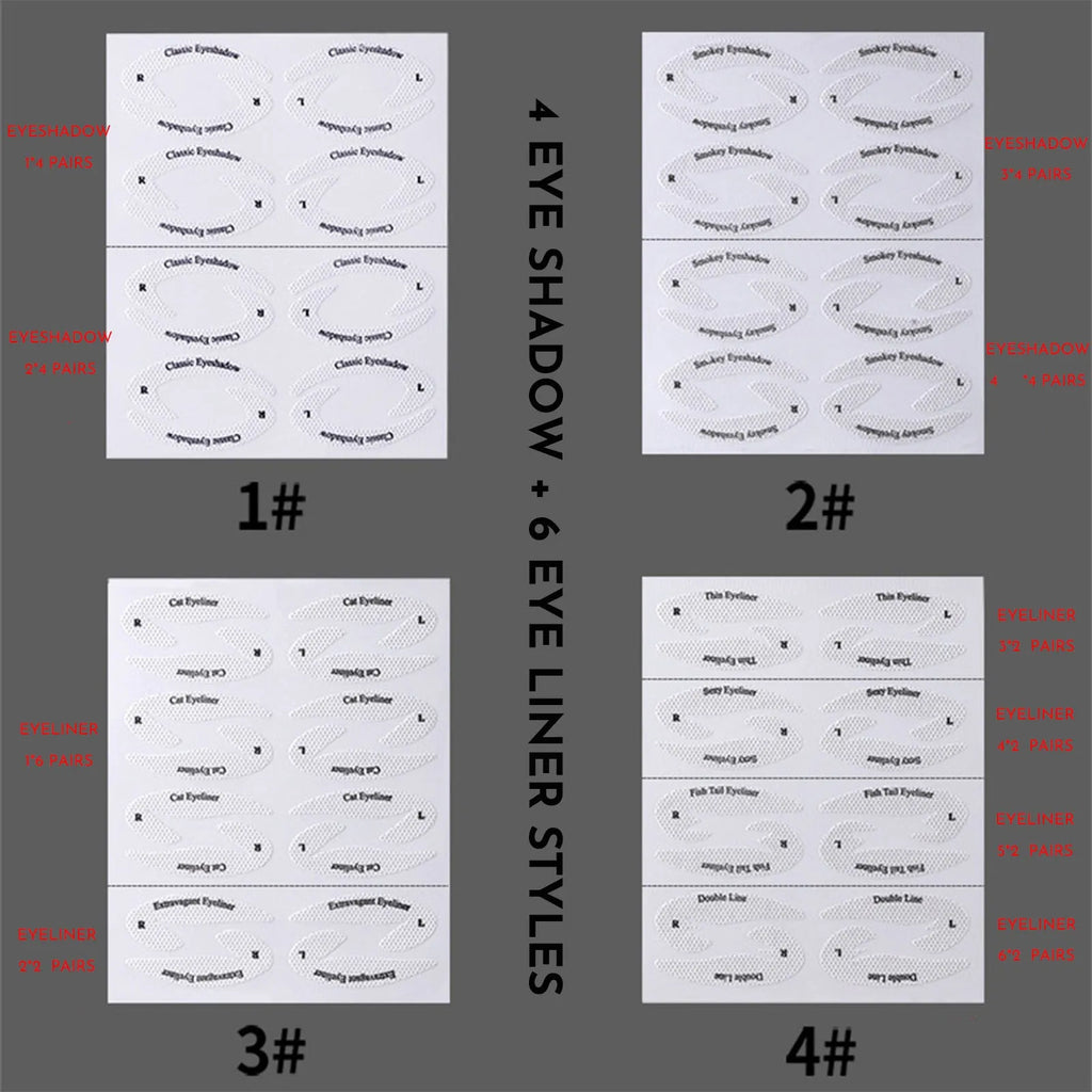 Set of four reusable flexible eyeliner and eyeshadow makeup sticker templates on a table