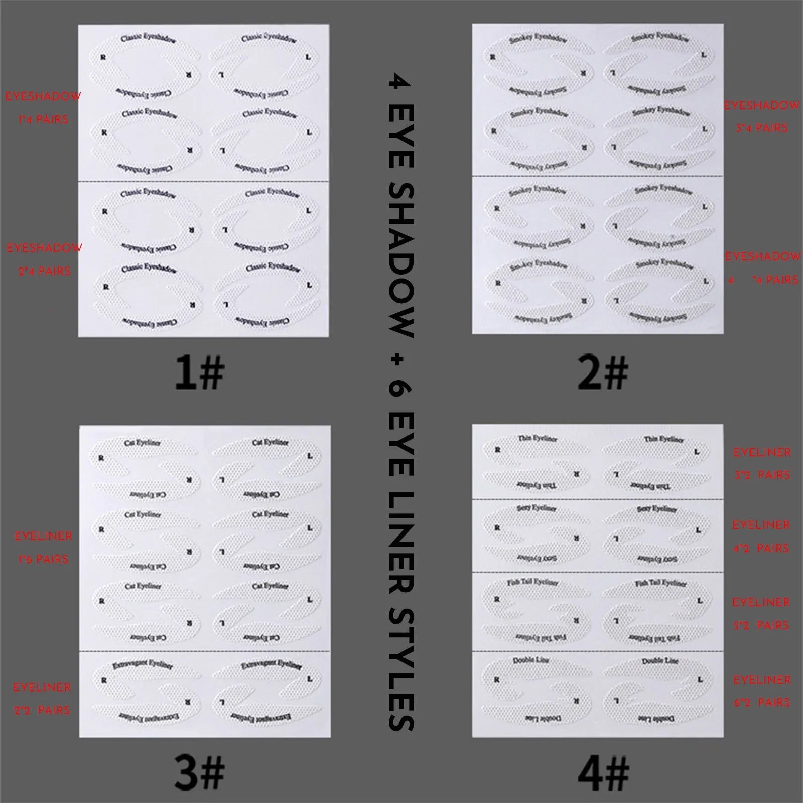 Set of four reusable flexible eyeliner and eyeshadow makeup sticker templates on a table