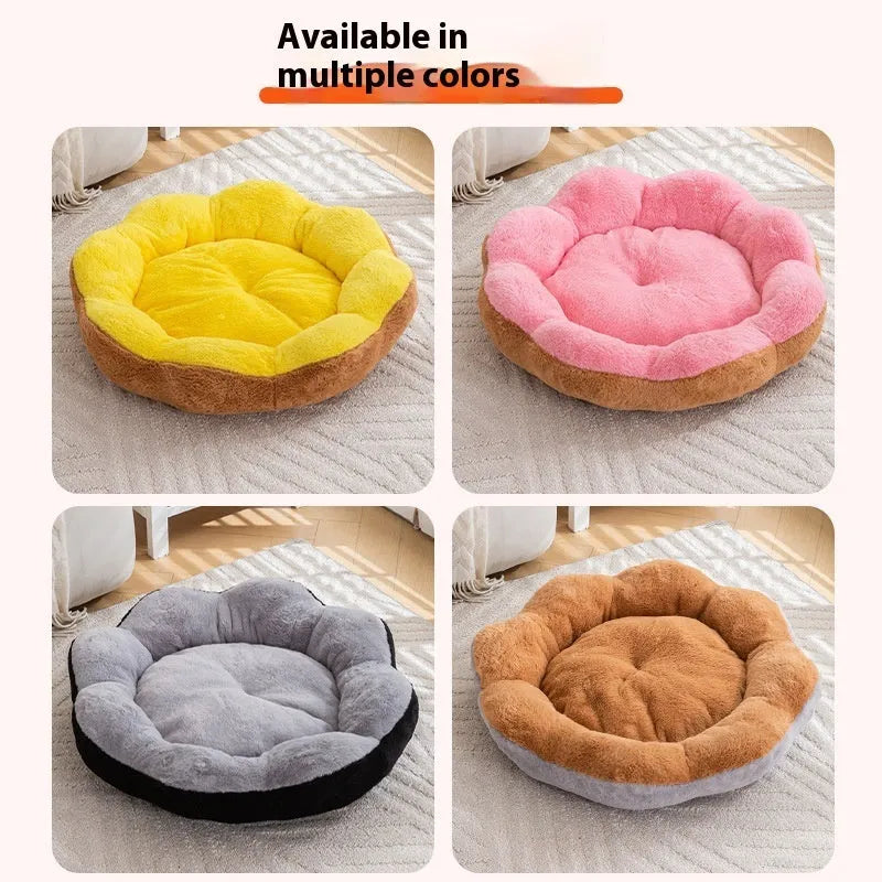 A thick rabbit plush round nest cat bed in a brown gray colour, shown with a detachable section.