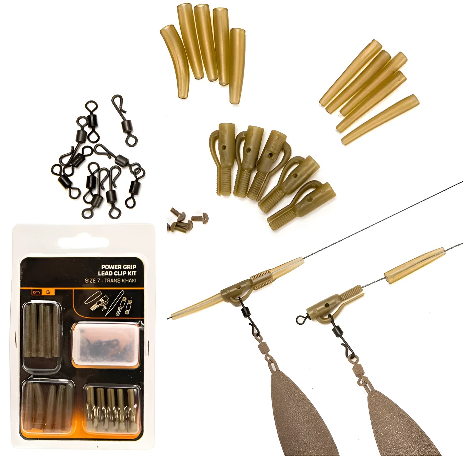 Carded set of 30 European coarse fishing accessories including screws, tubes, and rotating parts.