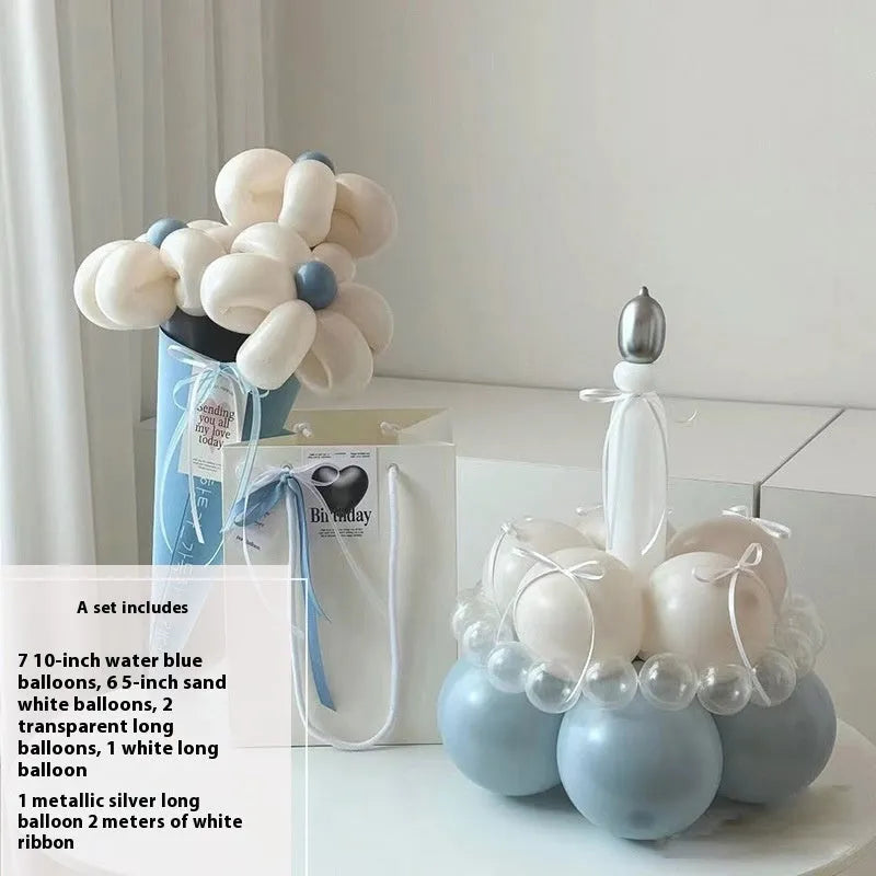 DIY balloon bouquet decoration kit with round balloons for cake toppers, showing one complete set.