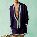 Men's slim fit polyester shirt and shorts set in a summer colour on a hanger