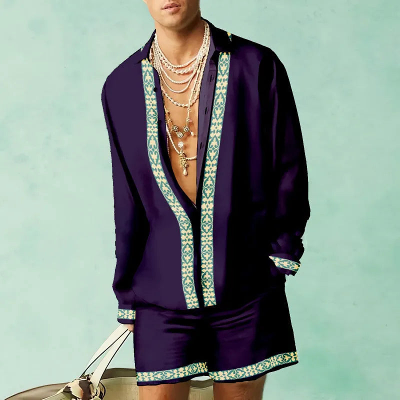 Men's slim fit polyester shirt and shorts set in a summer colour on a hanger