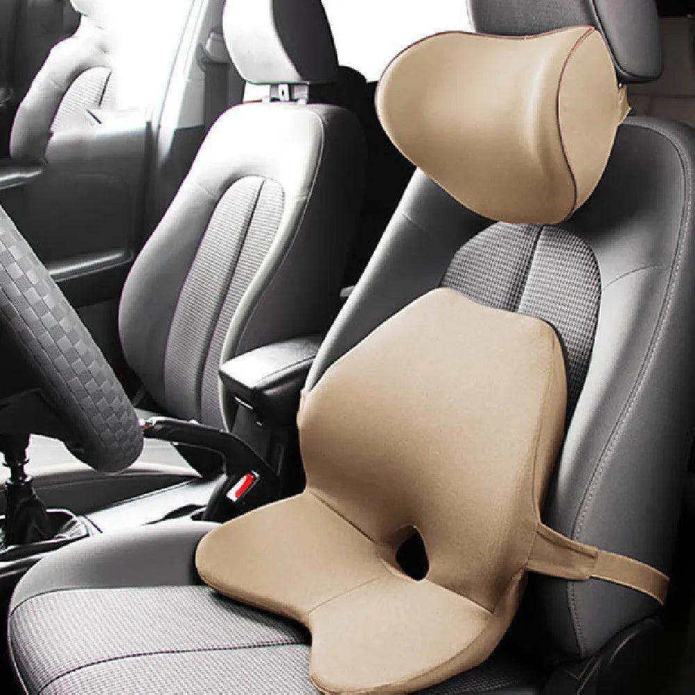 Memory foam car seat waist support pad in beige colour with optional headrest attachment