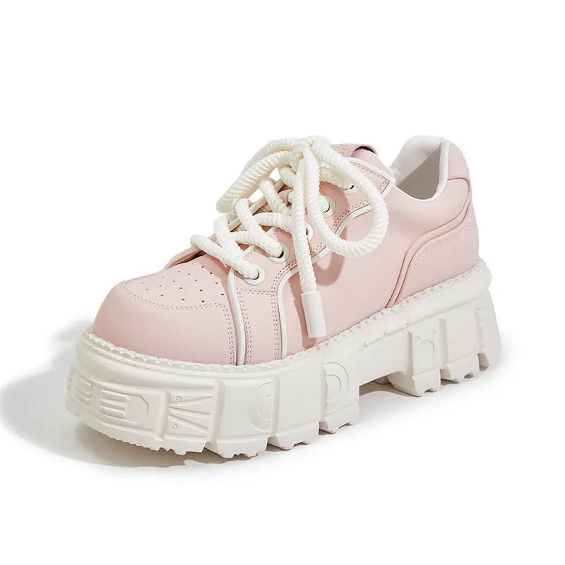 Women's beige leather casual shoes with spring muffin bottom height-increasing design