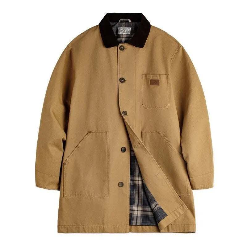 Men's khaki cotton mid-length trench coat with loose fit, single breasted front, solid colour