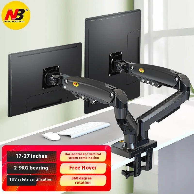 Dual computer monitor desk mount bracket in aluminium alloy with mechanical lifting arms