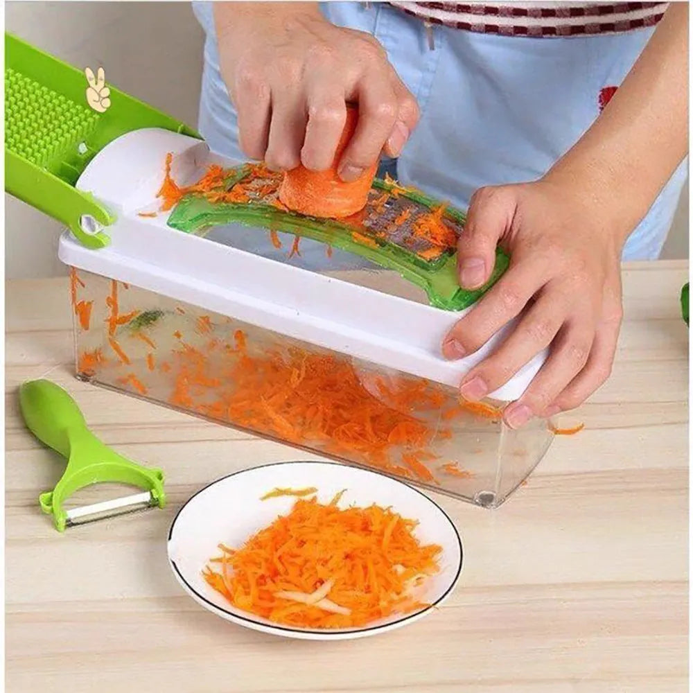Green manual food chopper with stainless steel blades on a kitchen counter.