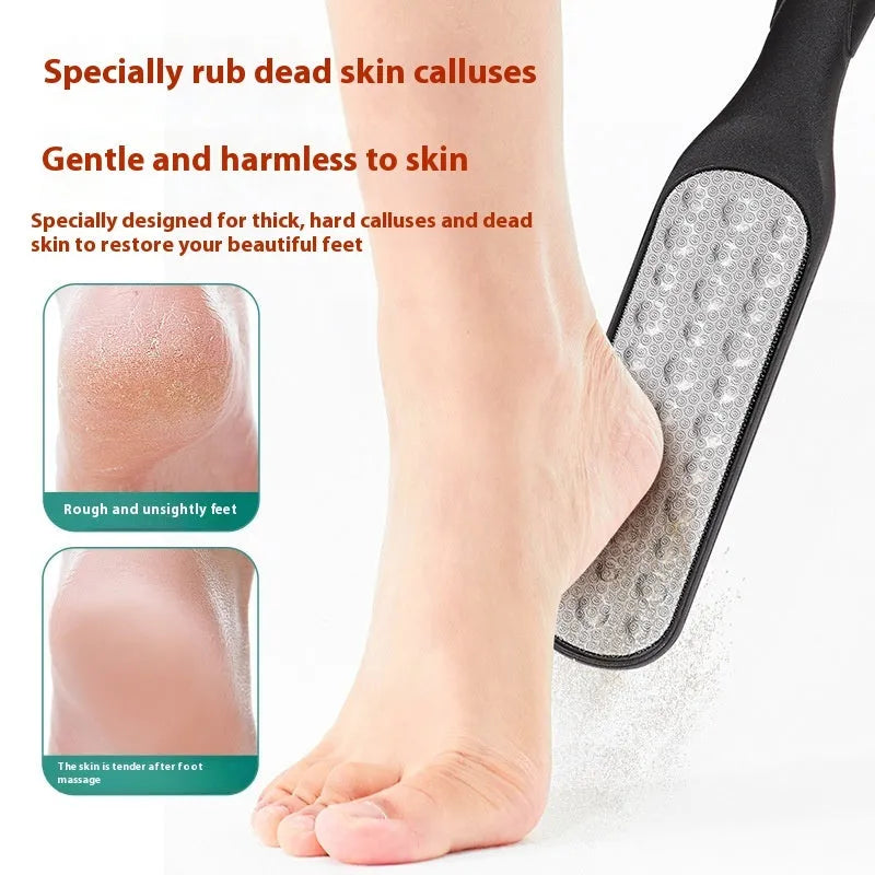 Stainless steel double-sided foot grinder with black and white tools for callus removal