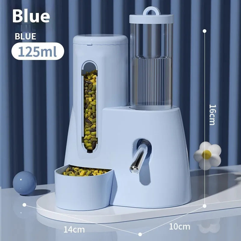 White, blue, and pink hamster automatic water feeder and food basin set on a white background.
