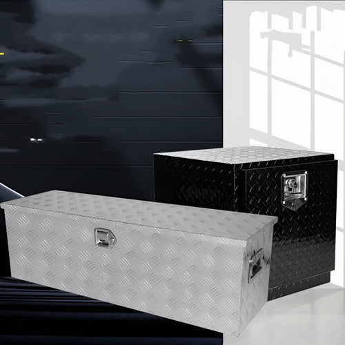 26-inch black aluminium alloy toolbox with heavy-duty T-casting construction and reinforced corners