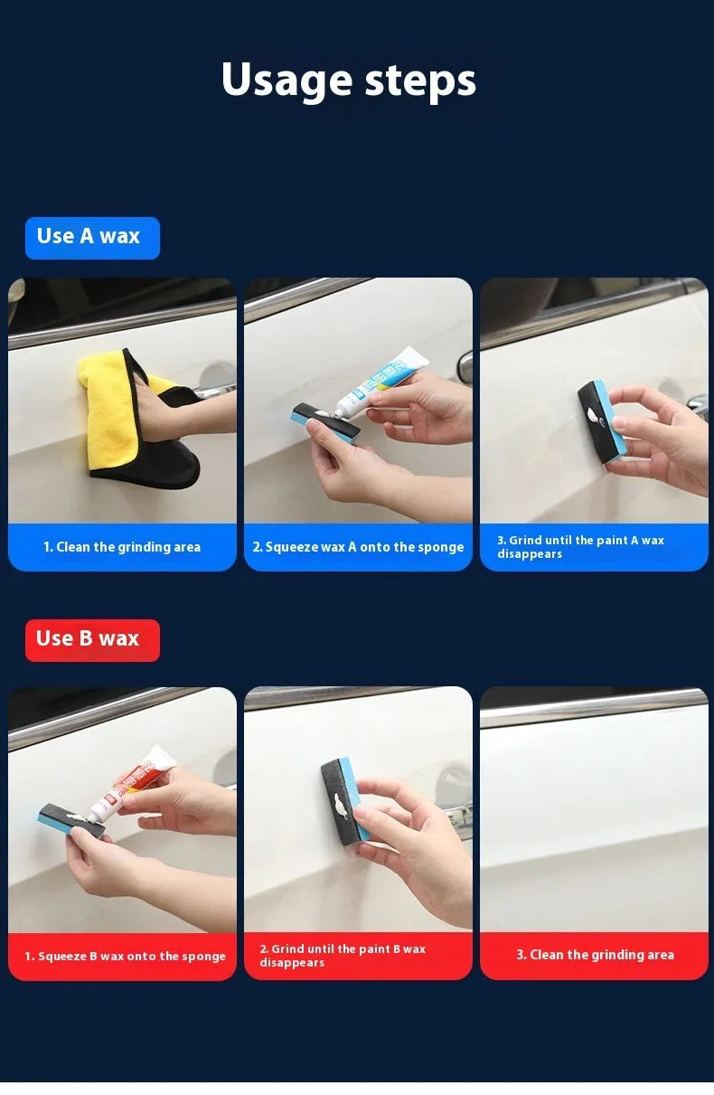 Car repair wax kit showing A wax, B wax, and a frosted sponge mop for scratch removal and polishing.