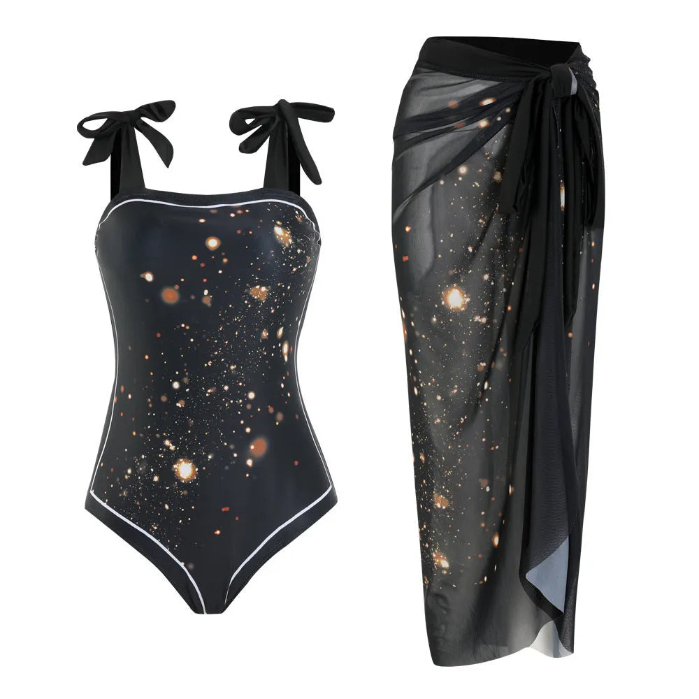 Floral pattern conservative bikini swimsuit with mesh tube top and matching skirt