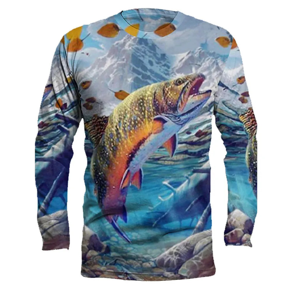 Men's grey round neck pullover with a colourful printed fish design on the front.