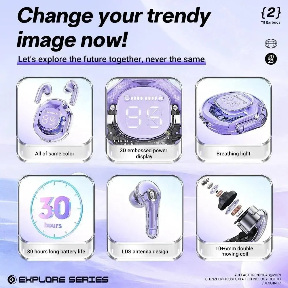Transparent wireless Bluetooth headset with in-ear design in white, black, pink, sky blue or violet colours