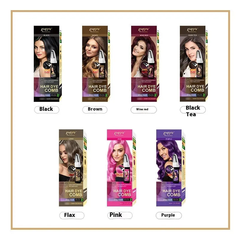 Hair dye kit with comb applicator showing Black, Wine Red and Brown colour options