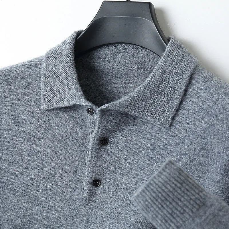 Men's wool polo collar pullover sweater in noble blue colour, showing long sleeves and collar detail.