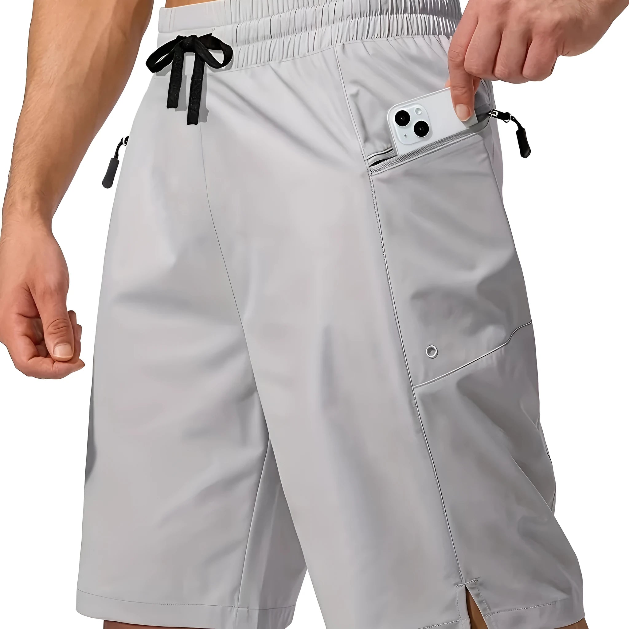 Men's solid colour quick-drying polyester beach shorts in straight leg cut