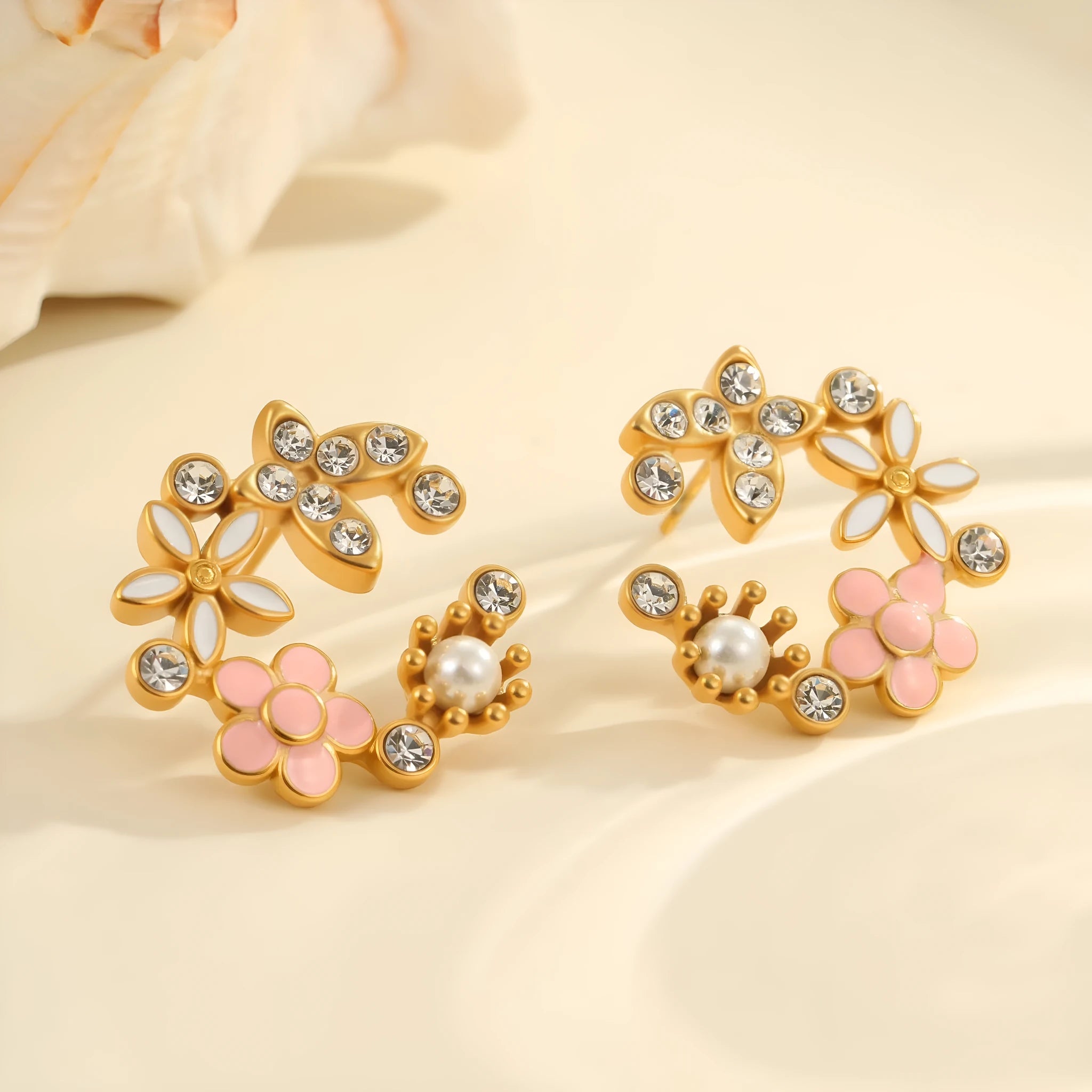 Colourful diamond flower stud earrings with stainless steel construction and gold electroplated finish
