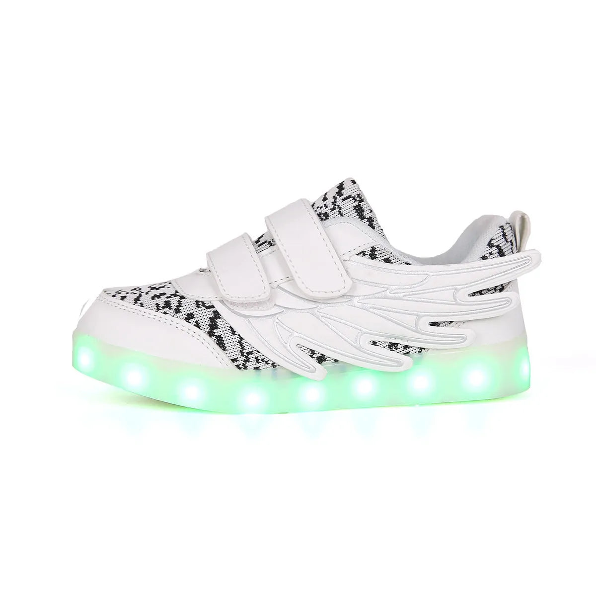 Plum red and white children's LED light-up sneakers showing USB charging port and hidden colour-selector switch.