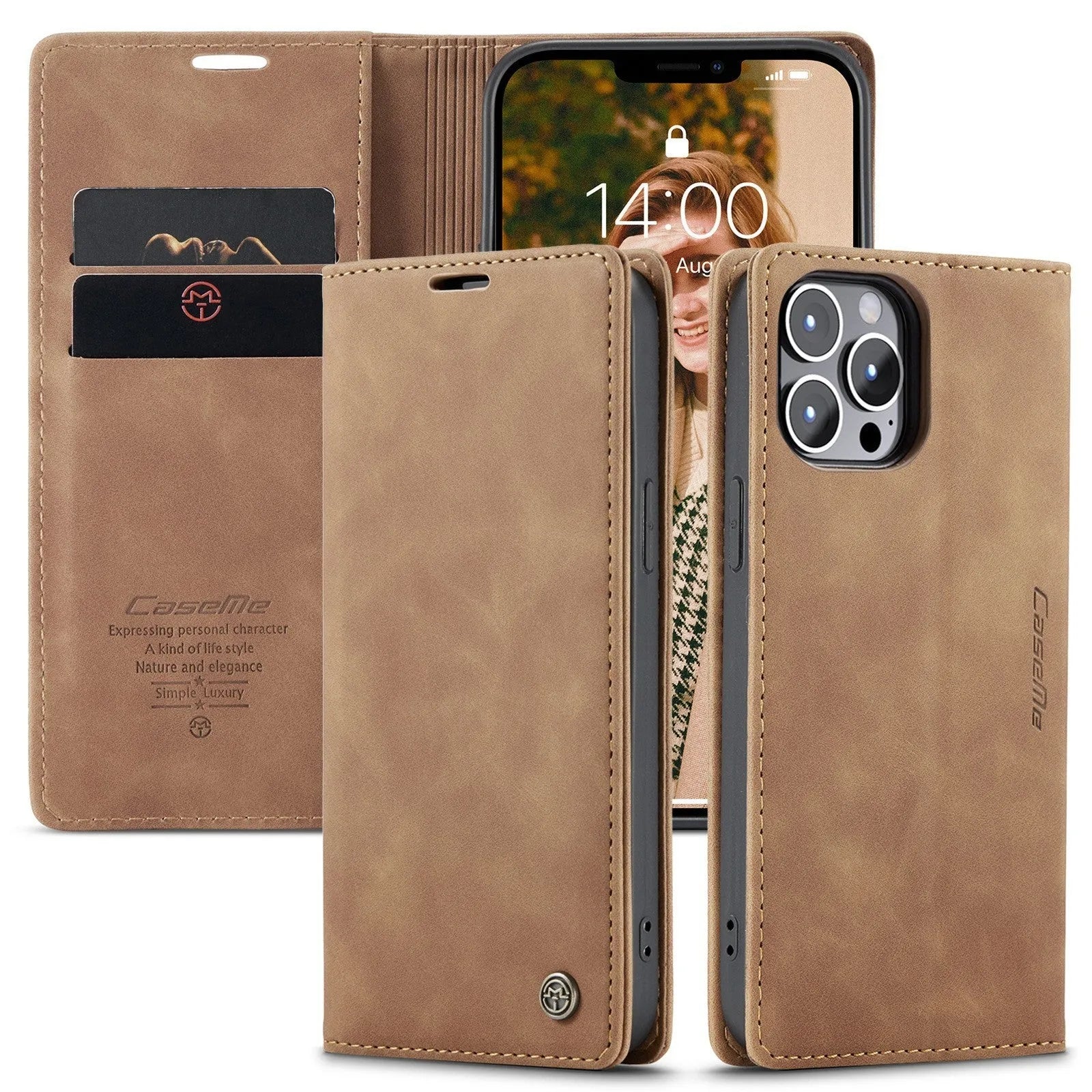 Black imitation leather magnetic flip phone case with card slot and invisible bracket for iPhone 14 Pro Max