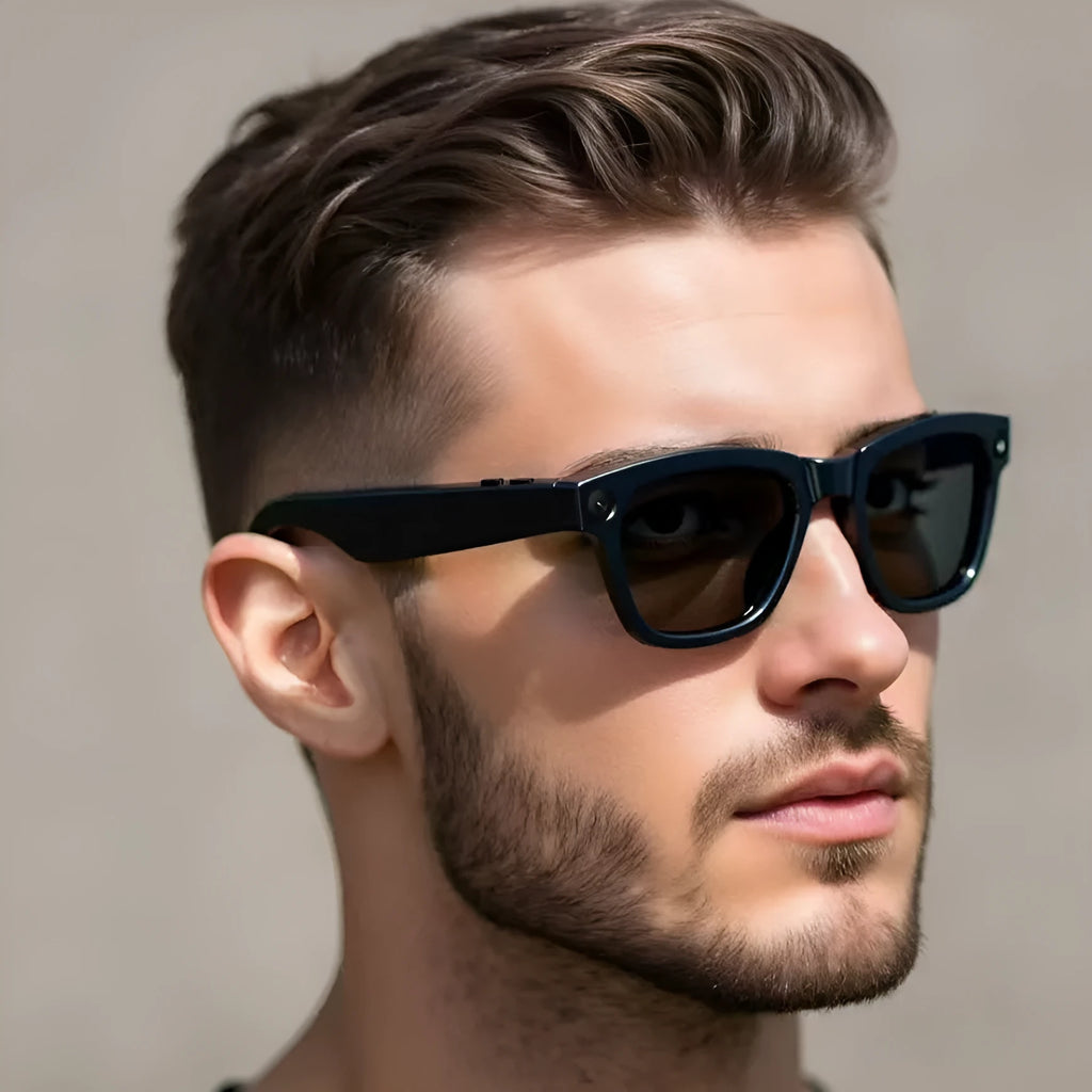 M01 black and transparent lens AI translation smart glasses with a built-in HD camera on a PC ABS frame.