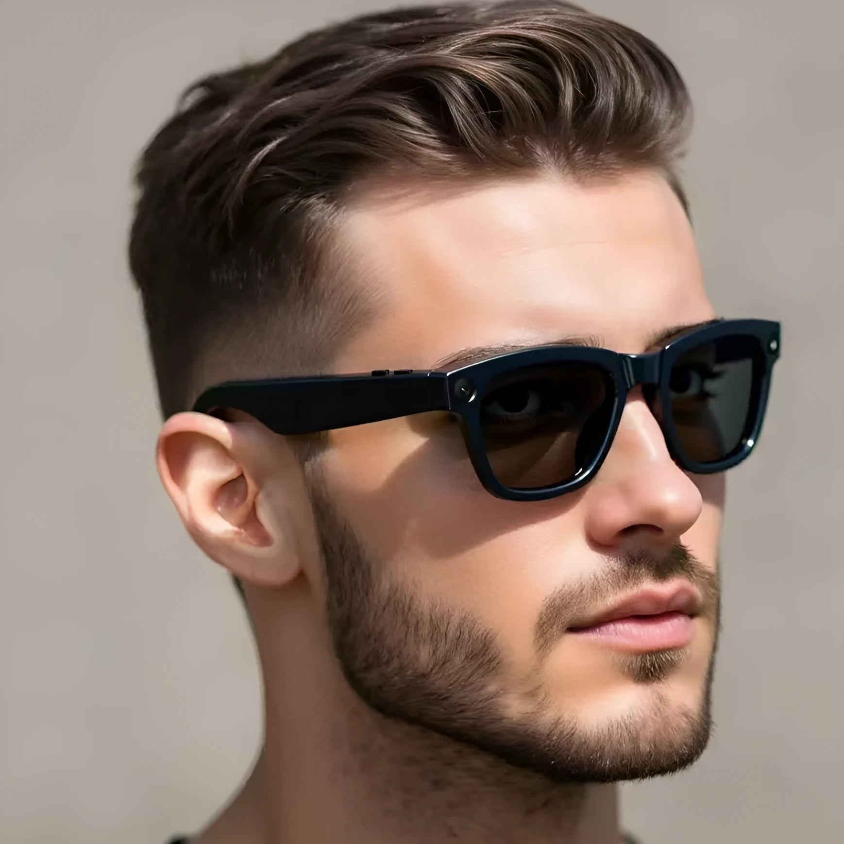 M01 black and transparent lens AI translation smart glasses with a built-in HD camera on a PC ABS frame.