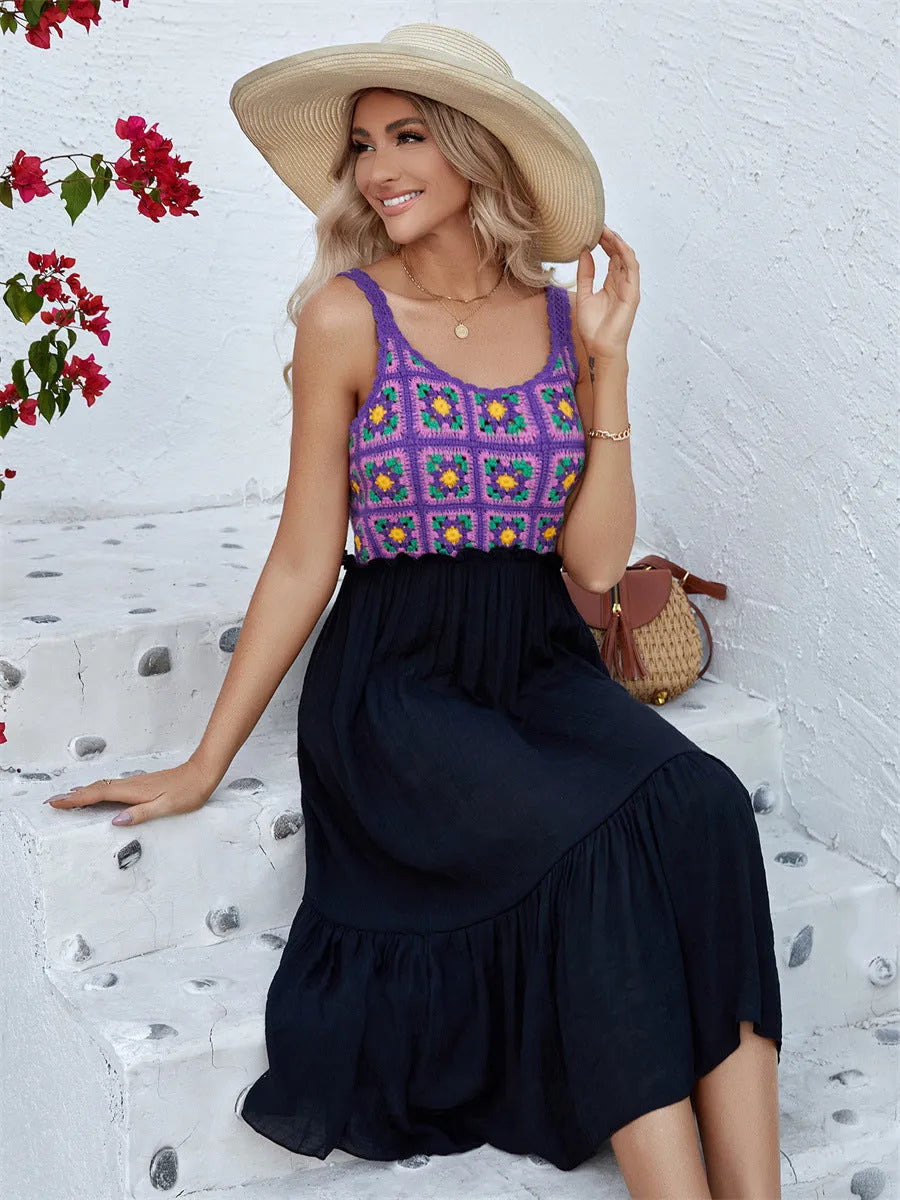 Purple sleeveless dress with hand hook floral stitching and matching acrylic skirt