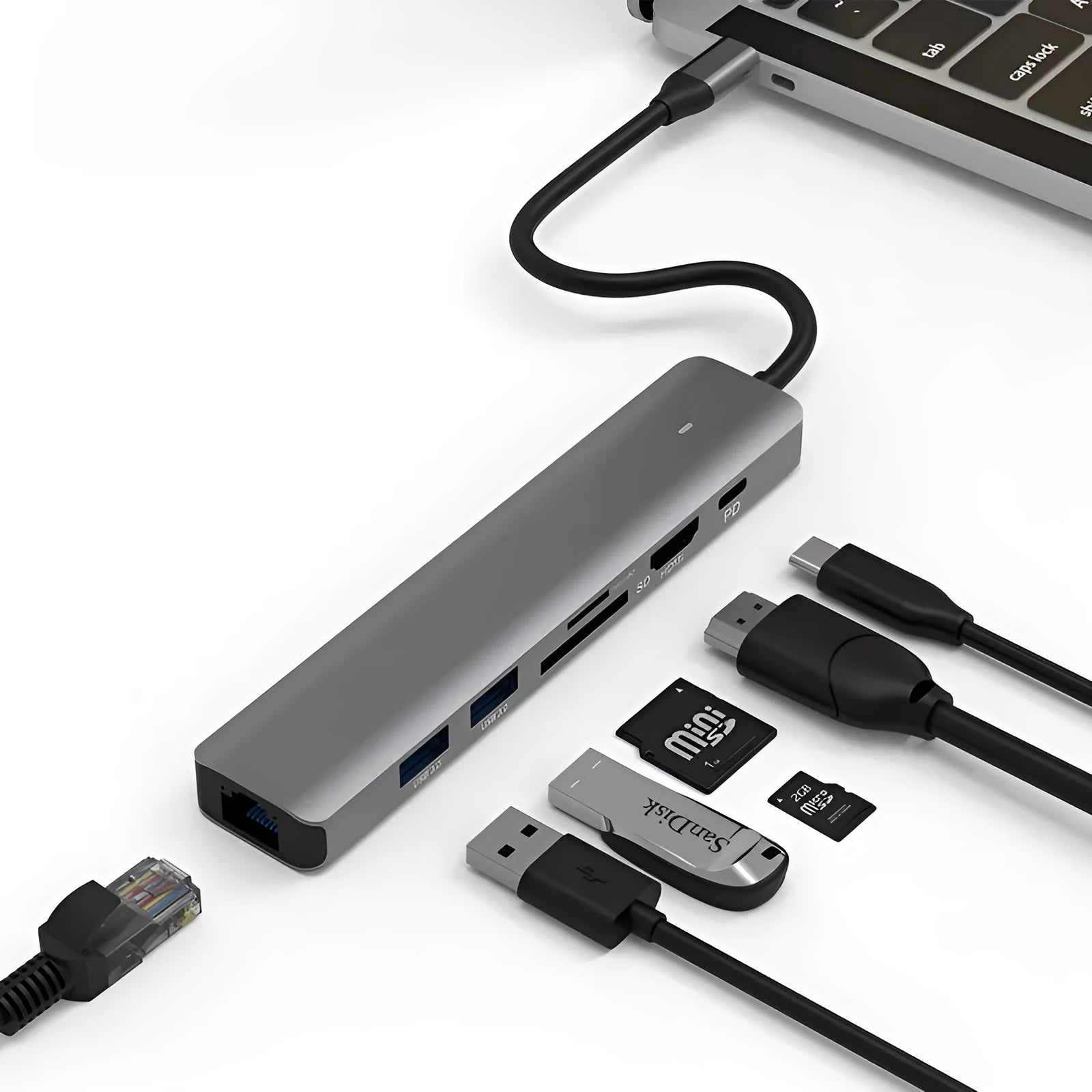 LQT-LH07 7-in-1 USB-C card reader and PD computer hub showing custom logo area.