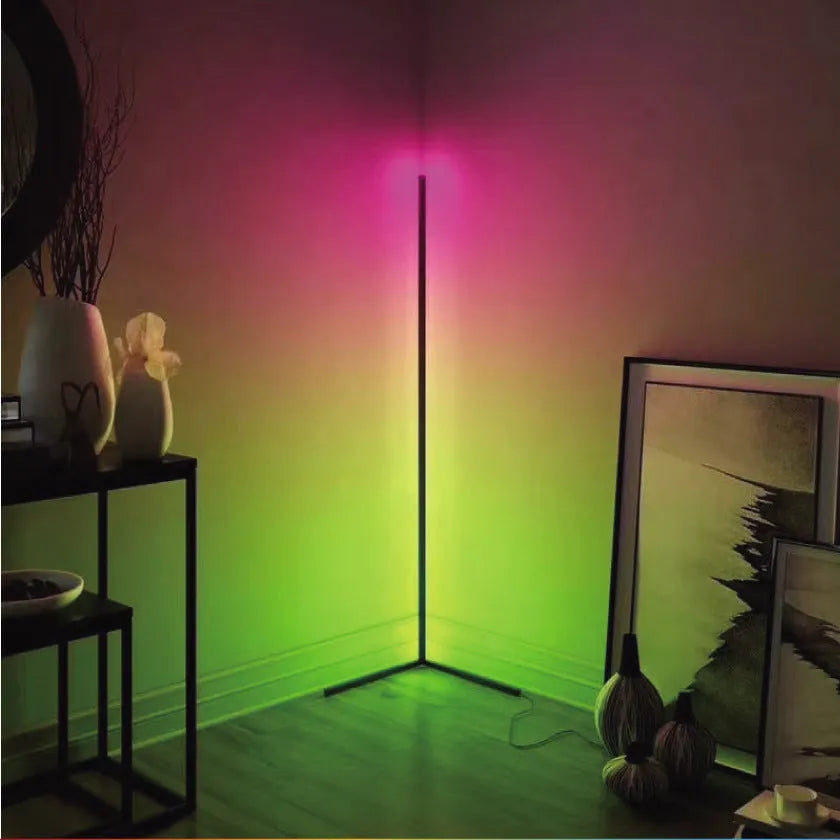 Black smart floor lamp with aluminium alloy body and silicone shade featuring RGBW lighting