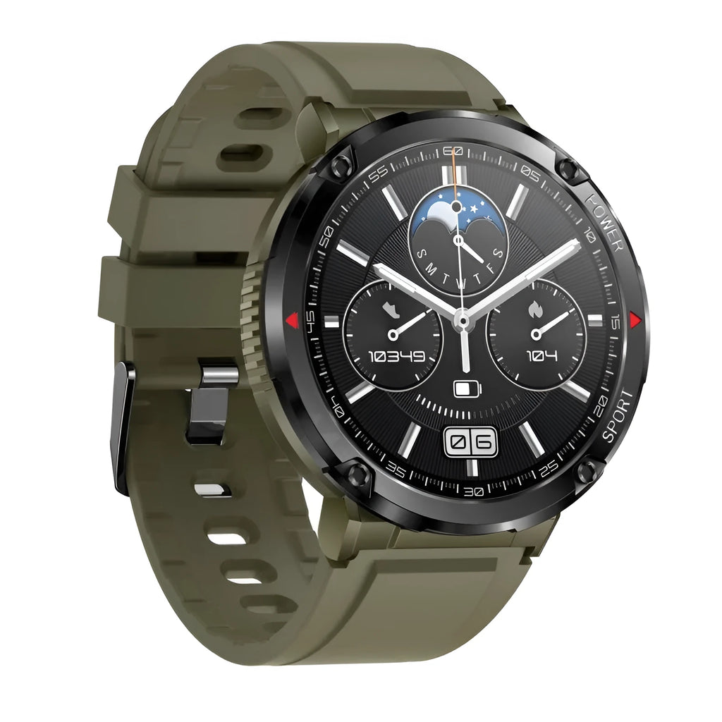 T30 smartwatch on wrist showing display, with Bluetooth calling and health monitoring features.
