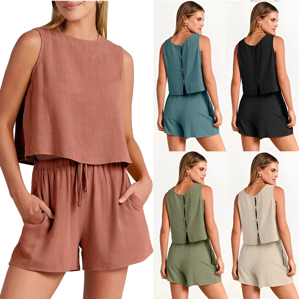 Women's sleeveless top and drawstring shorts summer two-piece set in rayon-linen blend fabric