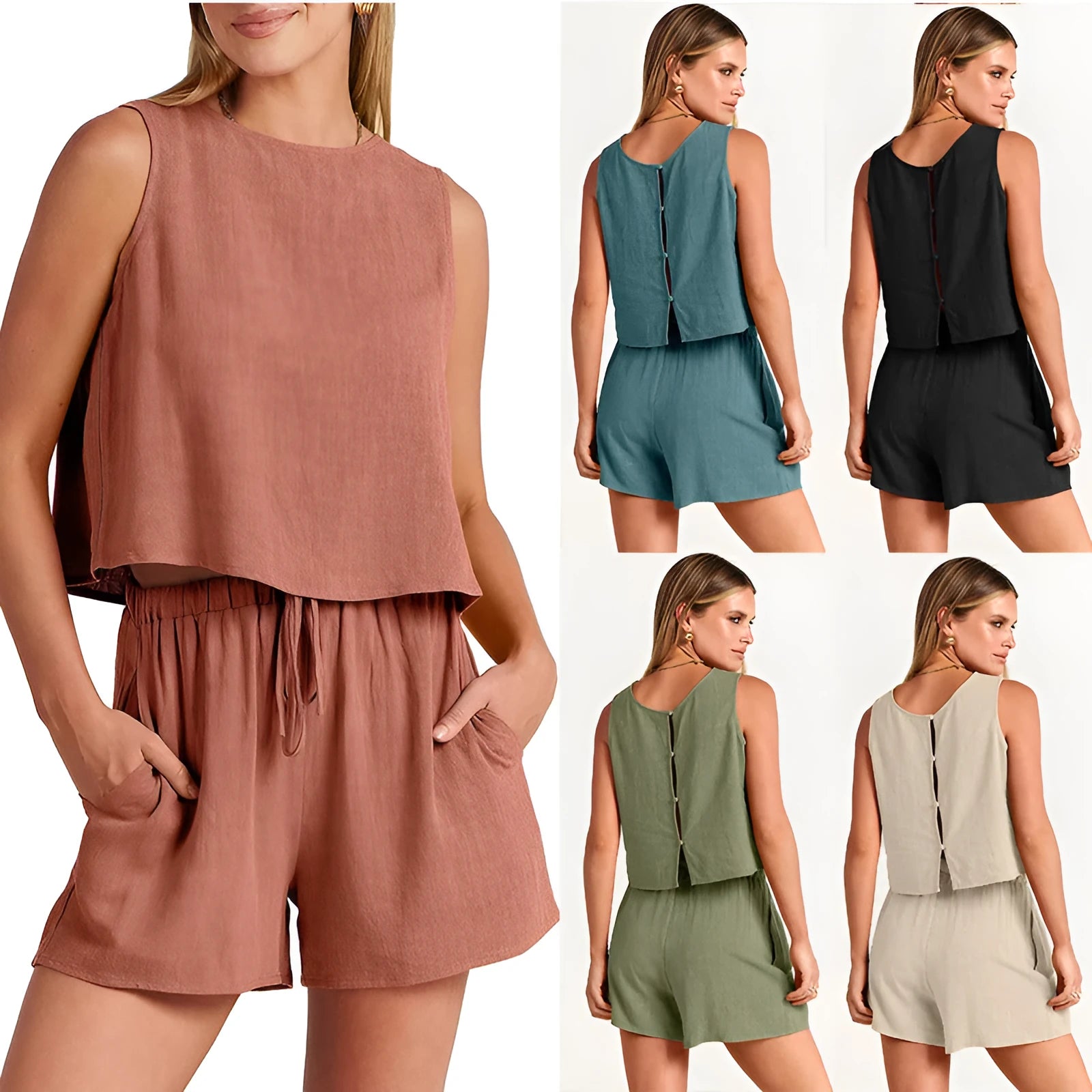 Women's sleeveless top and drawstring shorts summer two-piece set in rayon-linen blend fabric