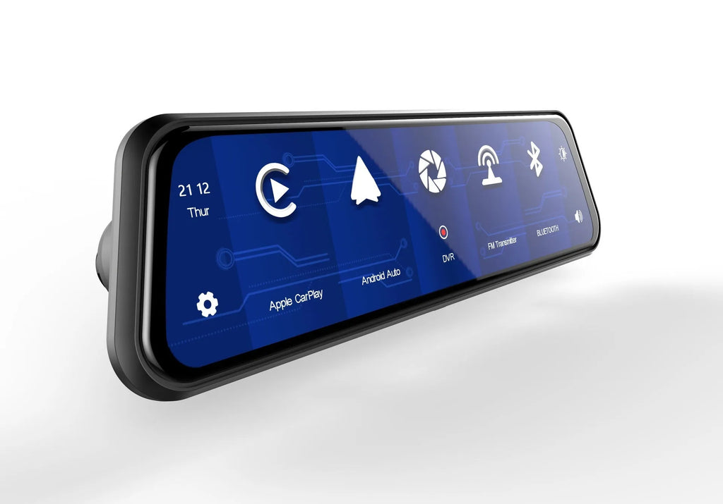 Dual-lens car dashboard camera with large touchscreen display mounted on a car windscreen