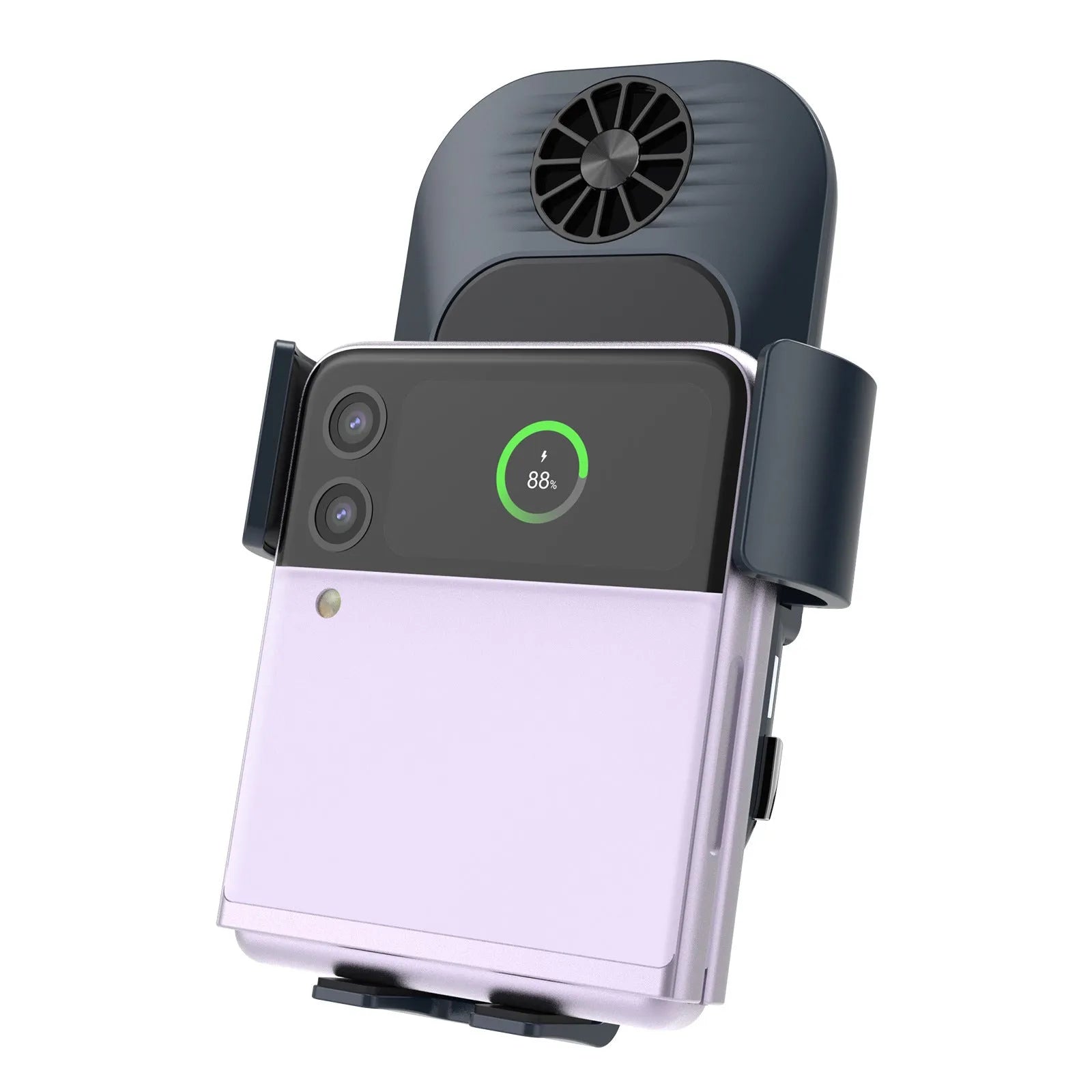 C35 colour car wireless charger phone holder mounted on car air vent, showing automatic clamping arms.
