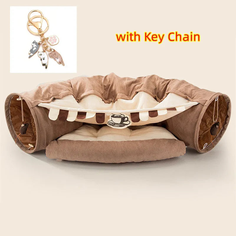 Collapsible cloth cat tunnel in choice of colours showing folded and unfolded states