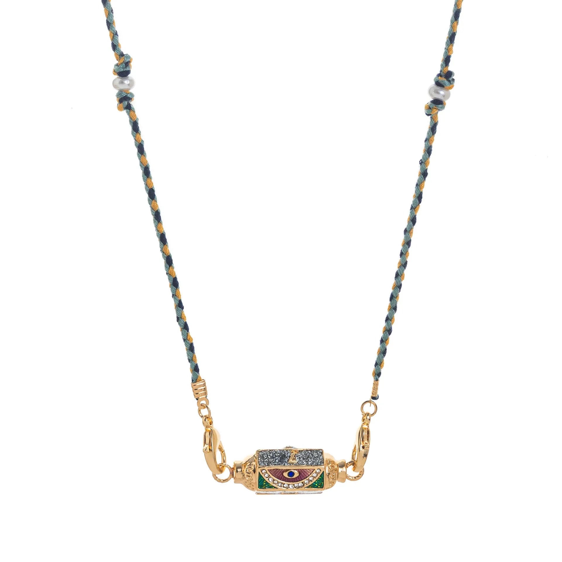 Copper geometry pendant necklace for men with star and eye motifs in blue colour on regular chain