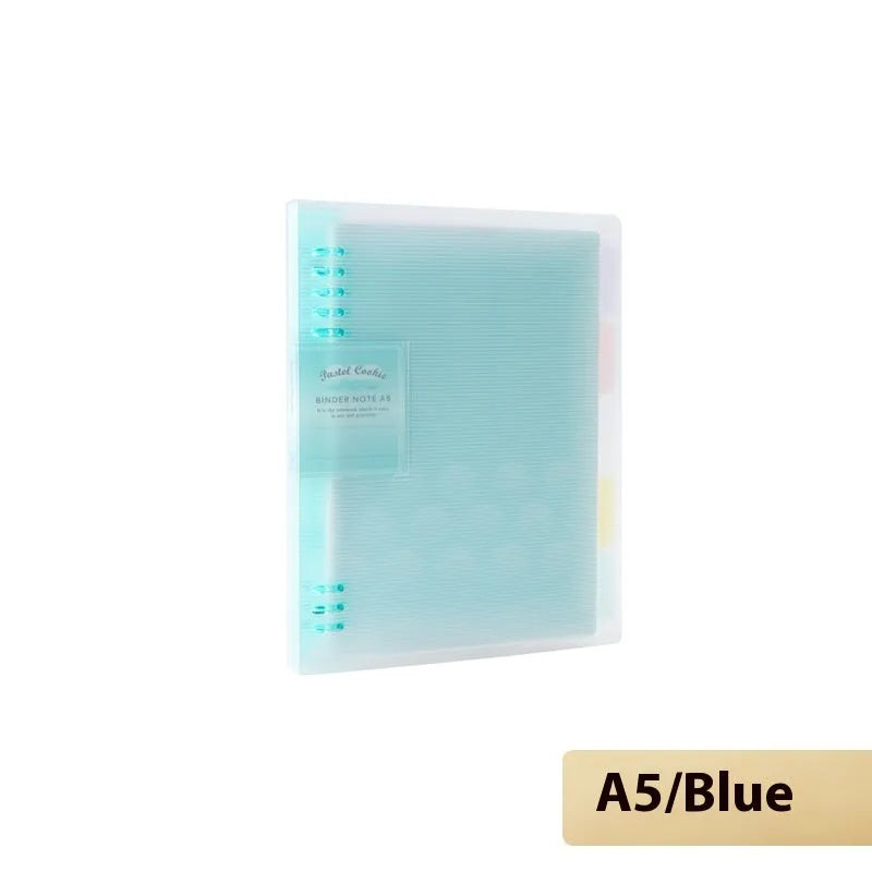 Loose-leaf spiral notebook with PP cover open, showing raw wood pulp pages in A5 or B5 size.