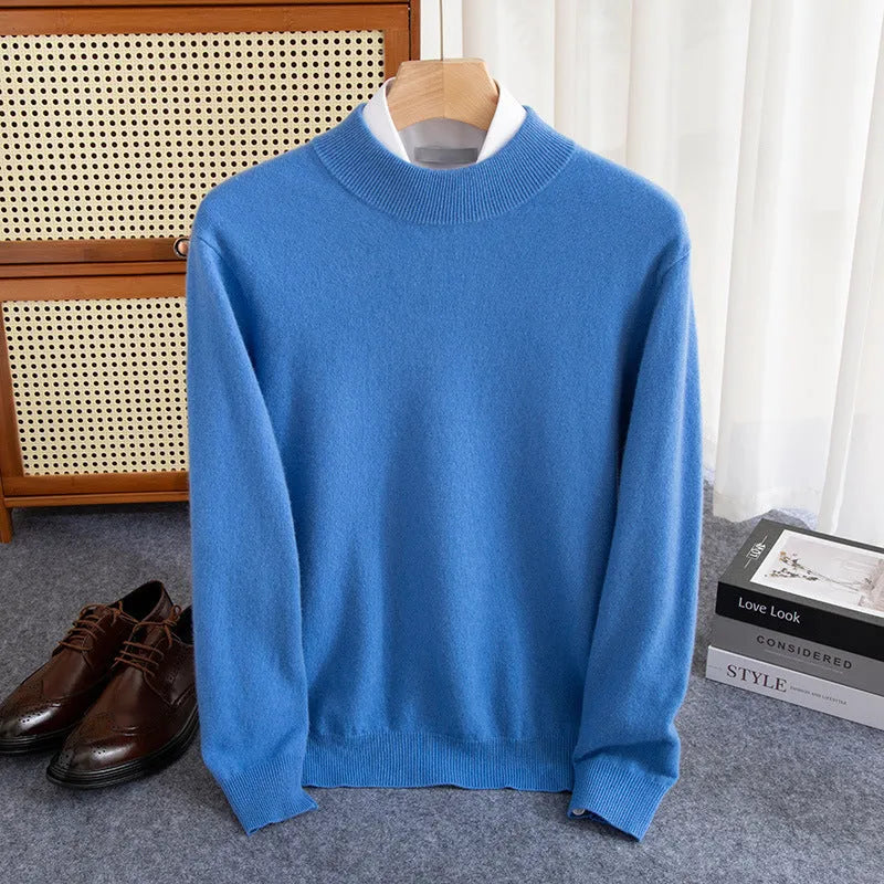 Men's half-collar wool sweater in a loose fit, shown in a choice of colours including black, brown, camel, and grey.