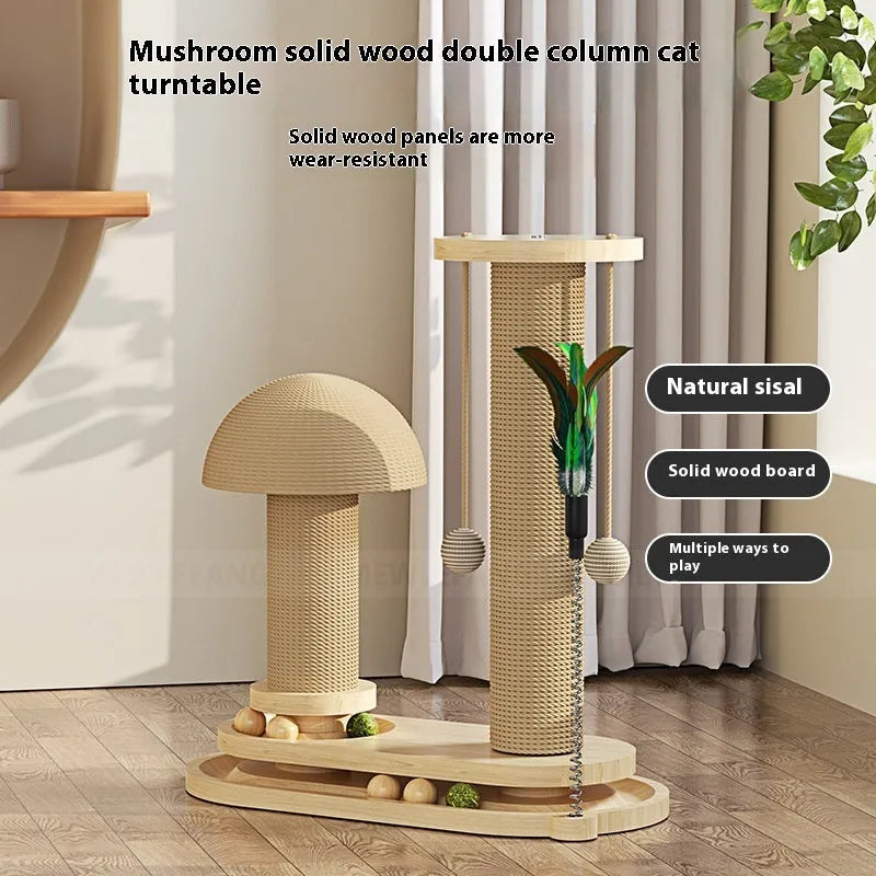 Solid wood cat scratching post with a central turntable, shown in a basic style big flower design