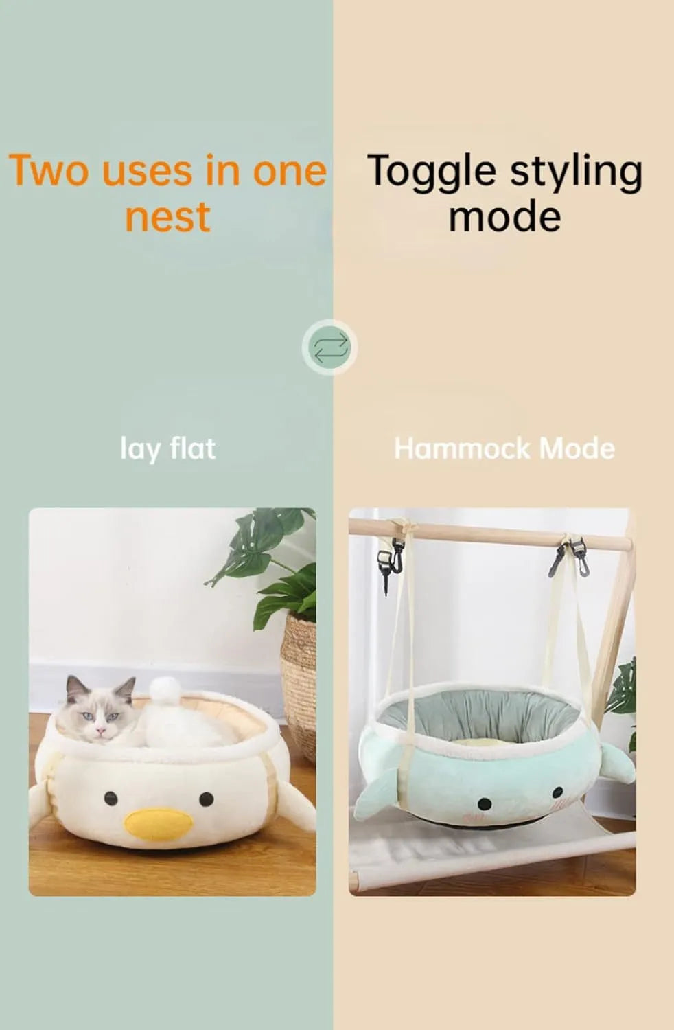 Green chick dinosaur shaped cat bed with straps that can be used flat or hung as a hammock