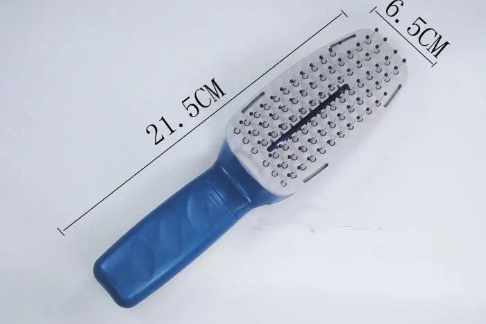 Pet comb with negative ion technology, removable brush head, and 9V battery compartment.