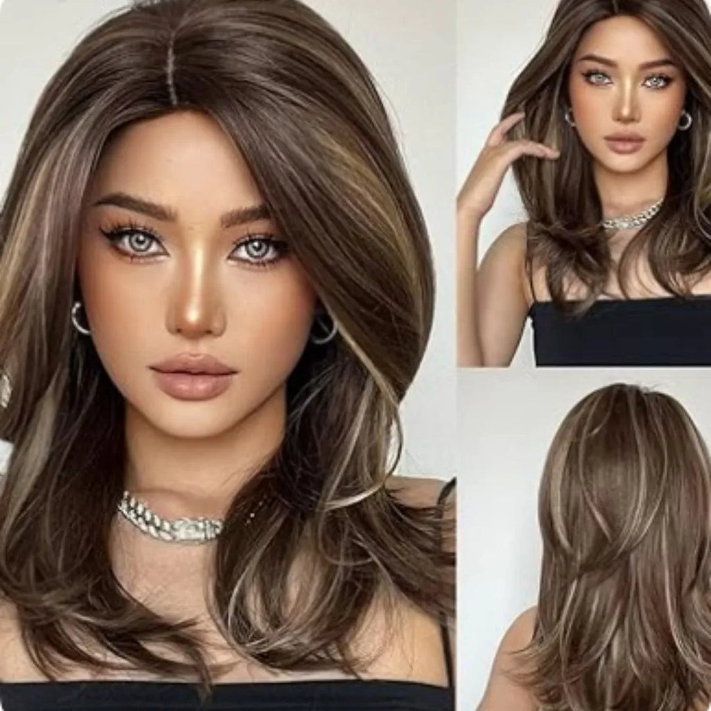 Mid-length gradient colour curly wig with long fringe in high-temperature fibre material