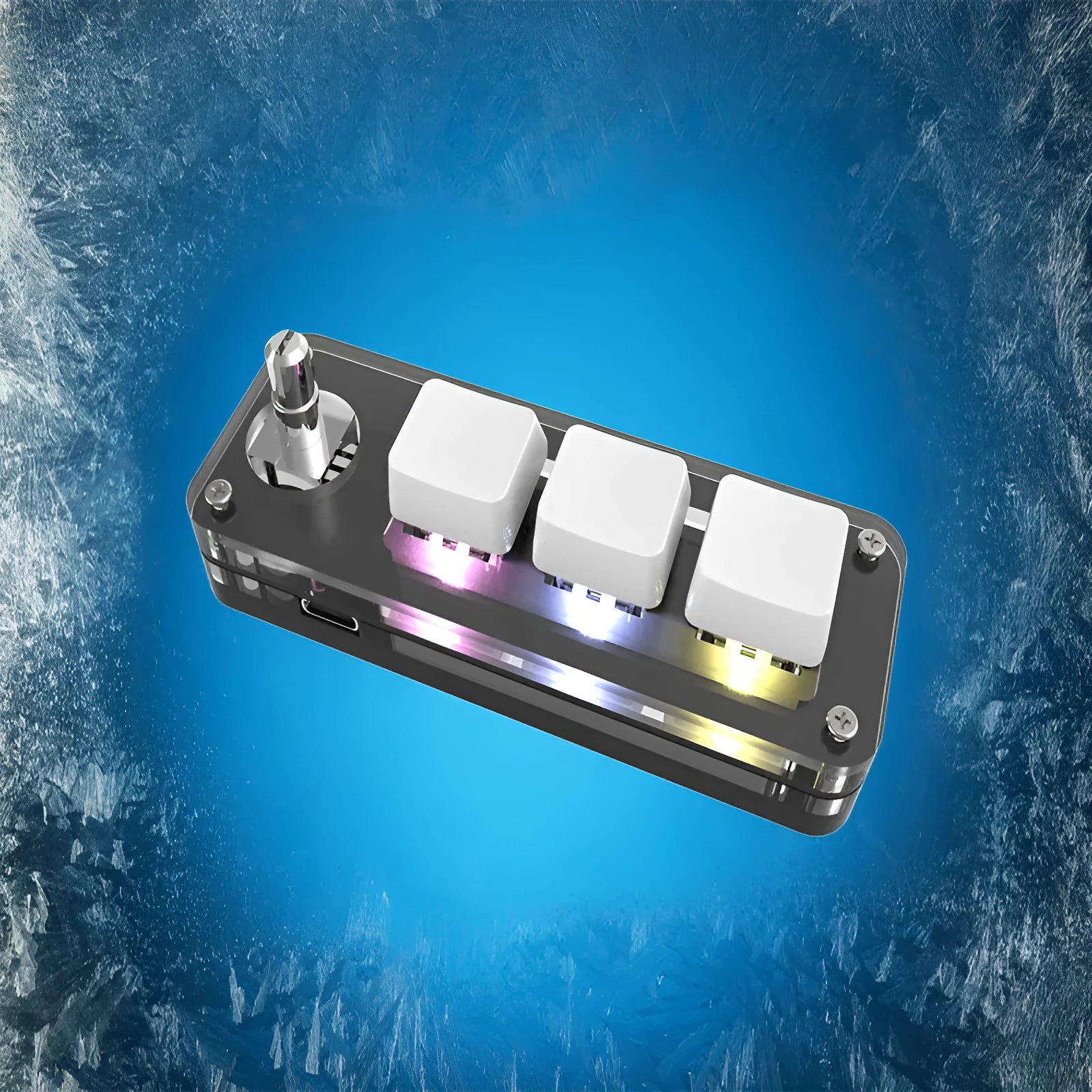 Black programmable mini keyboard with RGB backlit keys for copy and paste commands.